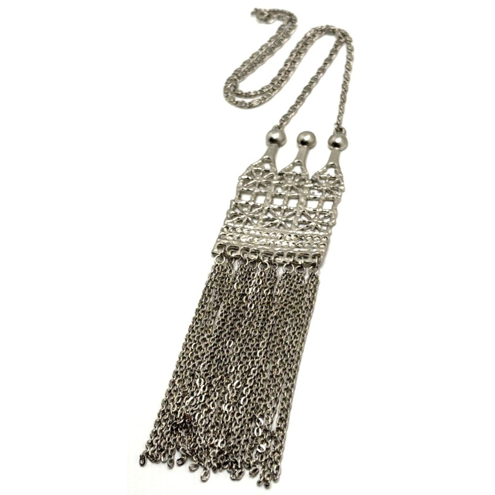 Vintage 1970s Modernist Pendant Necklace Silver Tone Dangle Chains 20"